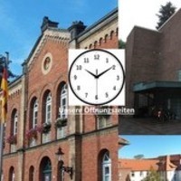 Collage von Bildern der Gebäude des Amtsgerichts Celle mit Uhr in Bildmitte (zum Artikel: Öffnungszeiten)